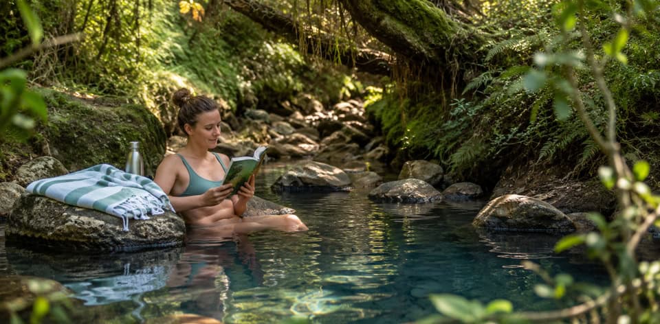 Woman sitting in a rocky forest pool, soaking and reading a book with a striped towel beside her.
