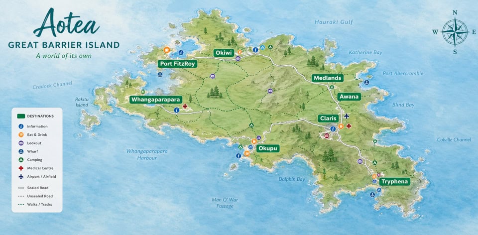Map of Great Barrier Island with labeled towns (Port FitzRoy, Okiwi, Medlands, Awana, Claris, Okupu, Whangaparapara, Tryphena) and driving/walking routes; legend shown in lower-left.