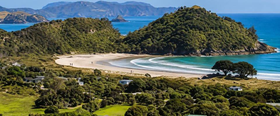 Coastal cove with a curved sandy beach, turquoise water, and forested hills; a few houses in the foreground.