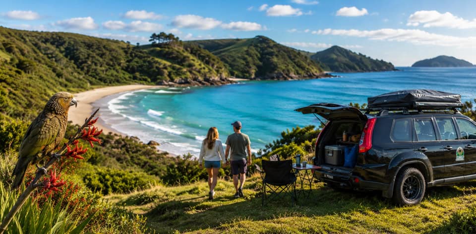 Couple walks toward a turquoise bay from a grassy overlook; an SUV with camping gear nearby and a bird perched on a red flower in the foreground.
