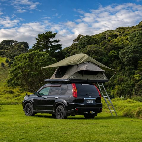 Black SUV with an open rooftop tent set up on a grassy field, ladder down, against a backdrop of trees and blue sky.