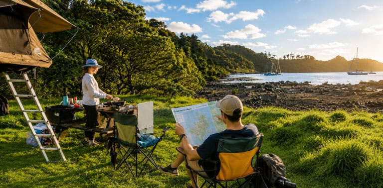Couple camping by the shore: man in a cap reads a map while seated in a folding chair, as the woman grills at a portable setup under a canopy with a ladder and gear nearby, overlooking a rocky, sunlit bay.
