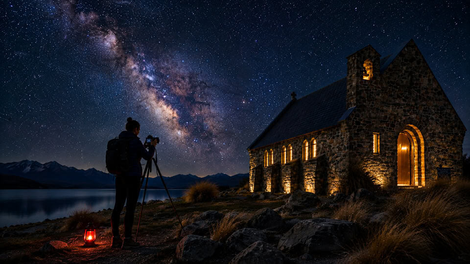 Photographer with camera on a tripod beside a lit stone chapel under a starry night sky over a lake.