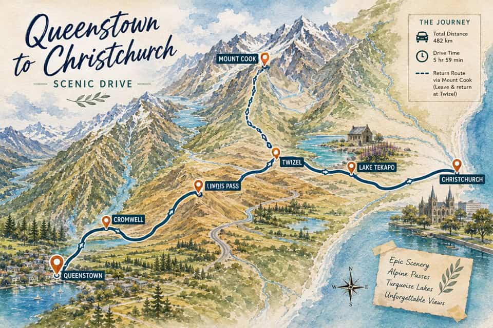 illustrative map from Queenstown to Christchurch via Mount Cook & tekapo (not To Scale)