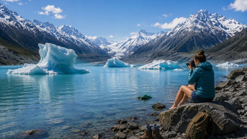 Woman sits on rocky shore with camera, photographing a turquoise glacial lake and icebergs against snow-capped mountains.
