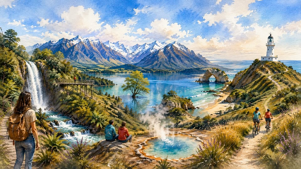 Scenic alpine landscape with a waterfall, lake, mountains, lighthouse on a rocky promontory, and people on a trail.